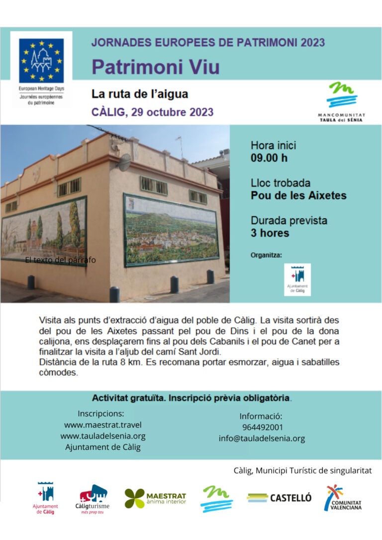 La Taula de la Sènia estrena ‘La ruta de l’aigua’ con motivo de las Jornadas Europeas de Patrimonio