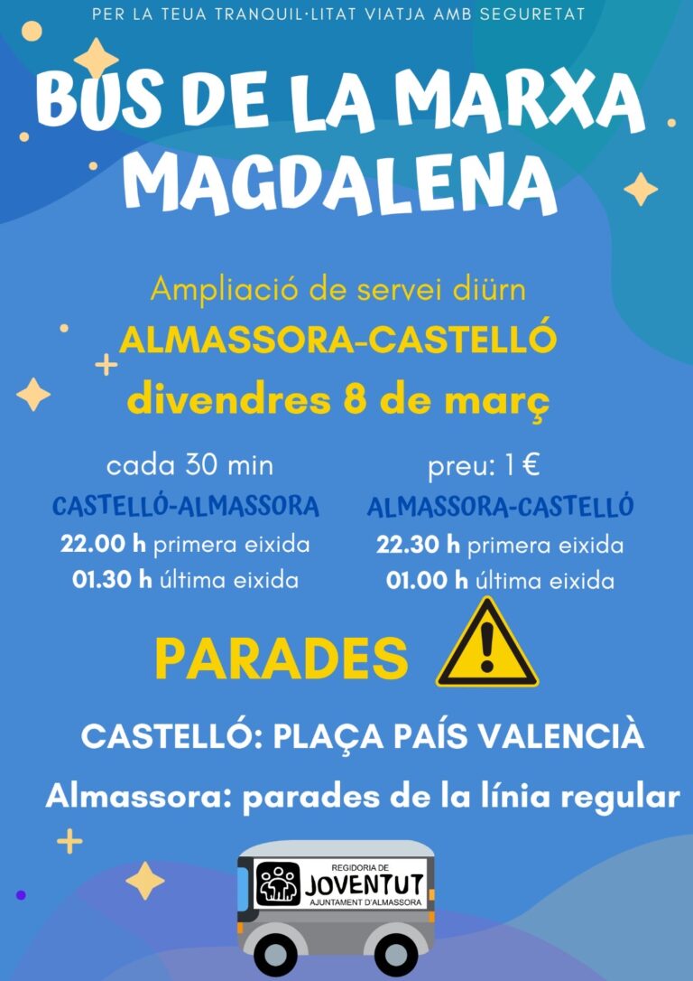 Almassora apuesta por el ocio seguro y programa un bus de la marcha para las fiestas de la Magdalena