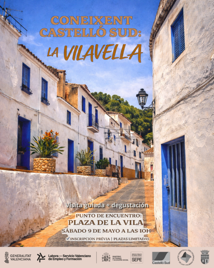 Poster promoting Conneixent Castelló Sud: La Vilavella; a sunlit street with white buildings and blue doors, inviting a guided visit and tasting at Plaza de la Vila.