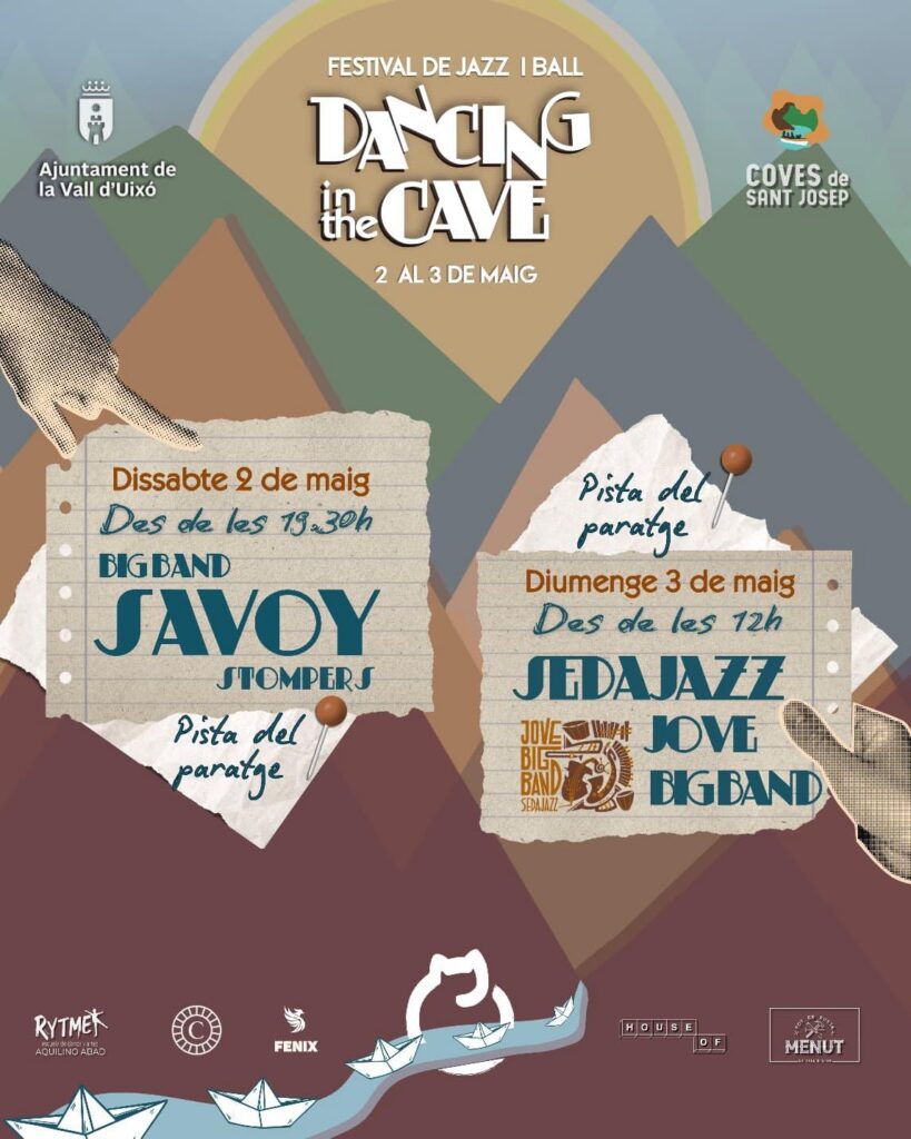 Poster de festival de jazz 'Dancing in the Cave', 2–3 de maig, fons de muntanyes i símbols locals.
