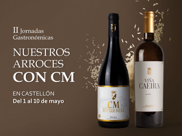 Promotional image with two wine bottles on a brown background; large white text reads 'NUESTROS ARROCES CON CM' and mentions the Castellón event, May 1–10.