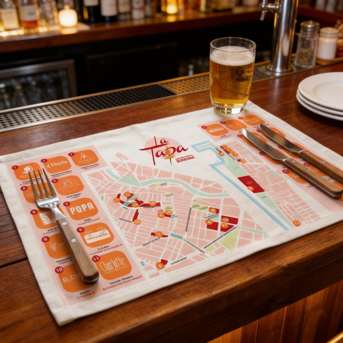 Close-up of a pint of beer on a bar counter beside a colorful map-style menu and silverware, with bottles blurred in the background.