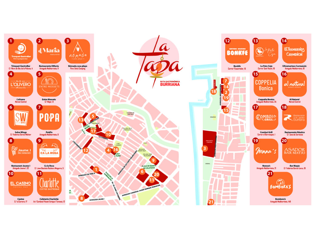 Central map poster for La Tapa ruta gastronómica Burriana, showing a stylized map with orange restaurant icons on the sides and a pink logo circle in the center.