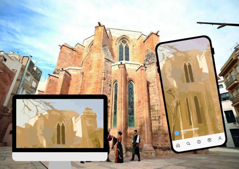 Historic brick church in a city square with oversized tablet and smartphones showing abstract silhouettes of the building.