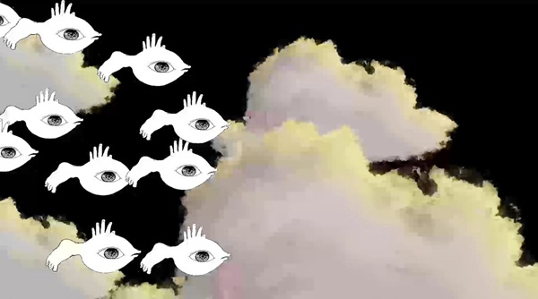 Surreal scene of white, hand-attached eyes floating across a black sky near pale yellow clouds.