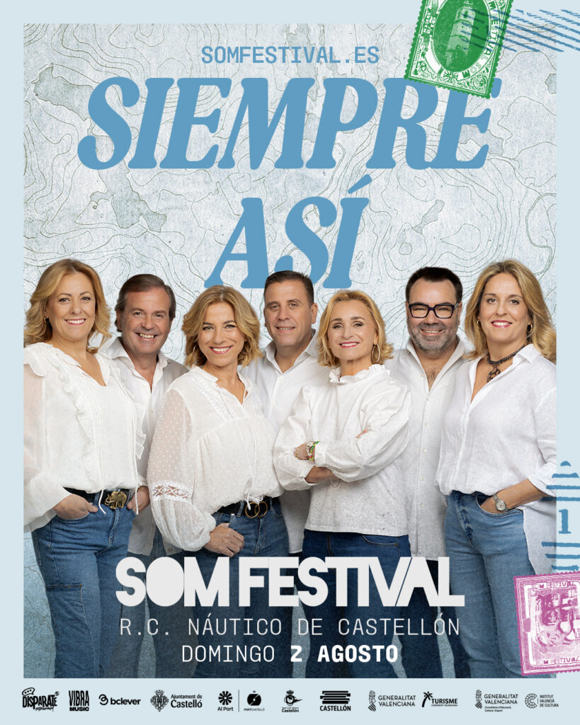 Event poster showing seven adults in white shirts and jeans posing together in front of a light map background with large blue text 'SIEMPRE ASÍ' and festival branding at the bottom.