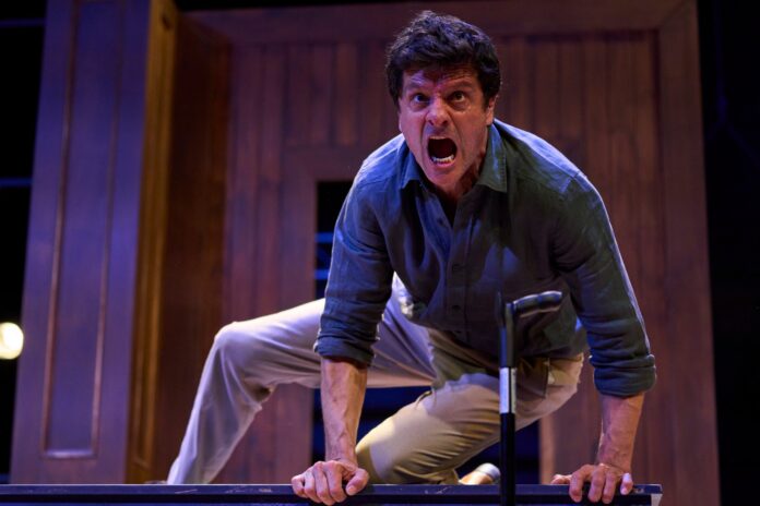 Actor on stage shouting, leaning over a railing with hands gripping a bar in a theater setting.