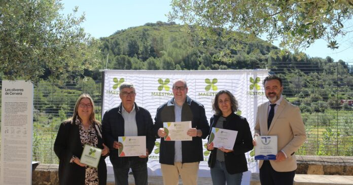 Group of five adults posing outdoors, each holding a certificate, in front of a white banner with green logos and a hillside backdrop.