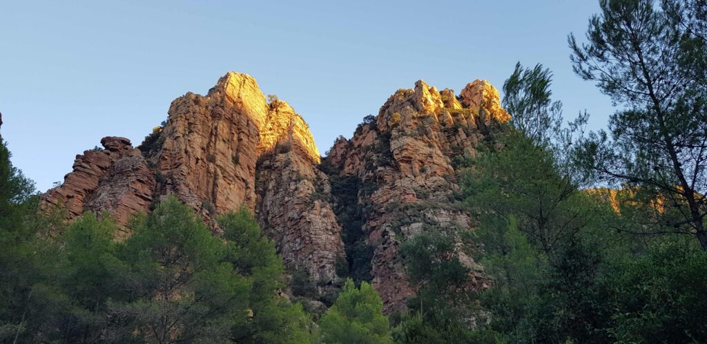 Rugged rocky cliffs illuminated by sunlight against a clear blue sky, with green trees at the base.
