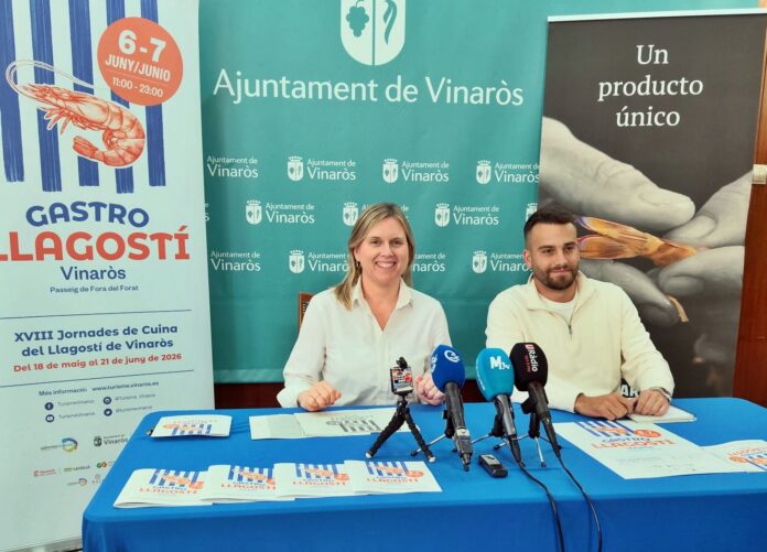 Two presenters sit at a blue table with multiple microphones, in front of banners for Vinaròs events and the Llagostí festival posters, signaling a press conference.