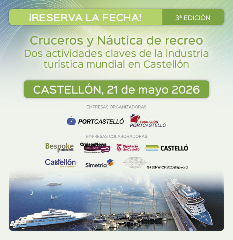 Event poster for Castellón cruise and nautical recreation expo, May 21, 2026, in Castellón, Spain (3rd edition). It lists organizers and collaborating companies with ship imagery in the background.