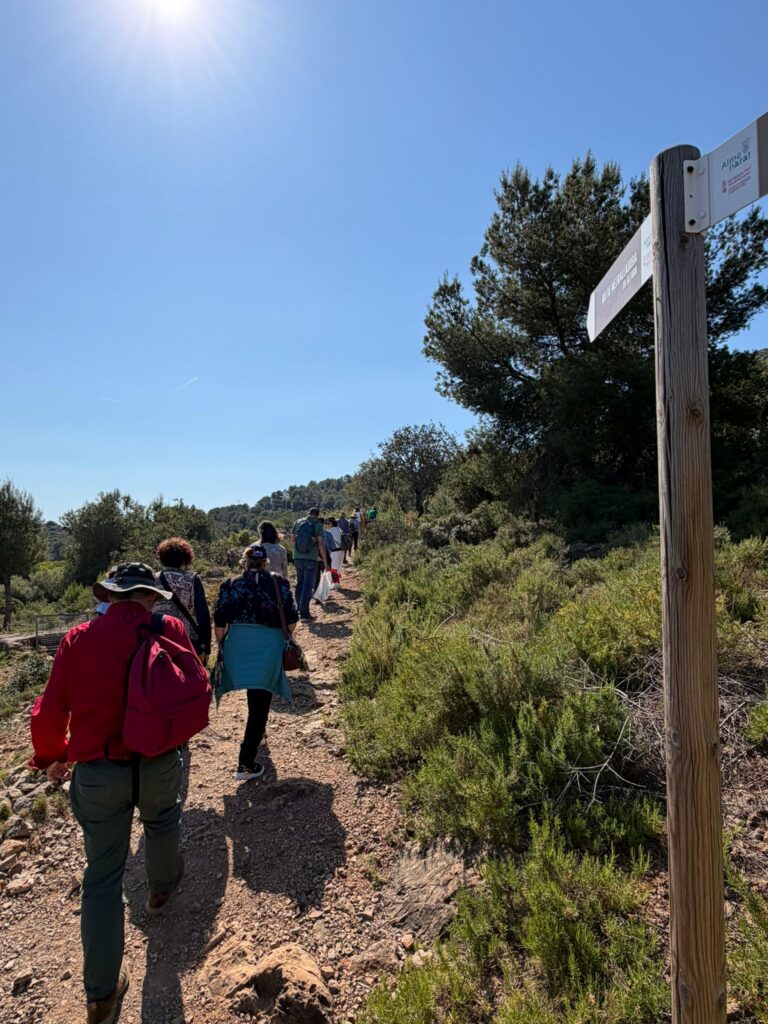 Group of hikers walking along a sunny, rocky trail with a wooden signpost on the right side of the image