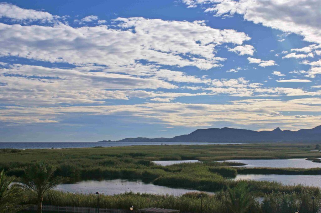 Coastal wetlands with calm water, grassy flats, and distant mountain silhouettes under a blue, cloud-filled sky.