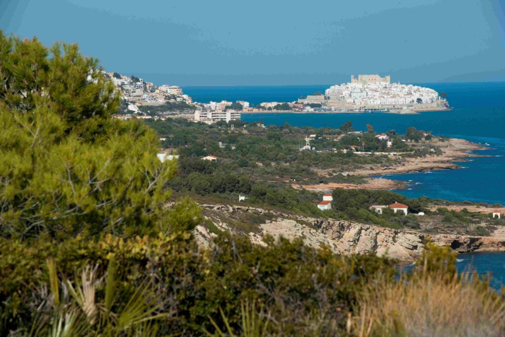 Coastal town on a peninsula with white buildings and a fortress, seen across a blue sea, framed by green foreground.