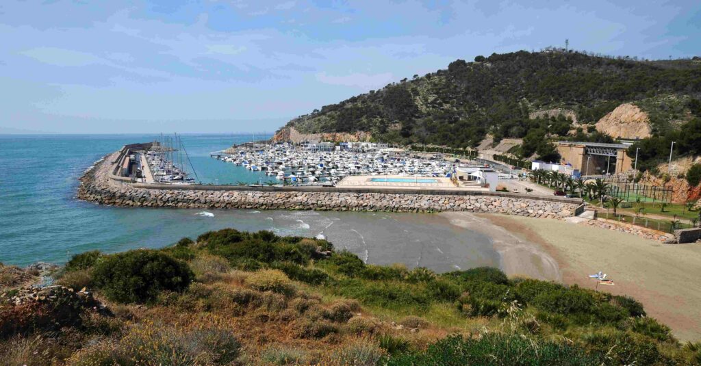 Marina with numerous docked boats along a curved breakwater, blue sea on the left and a hilly, tree-covered hillside on the right under a clear sky
