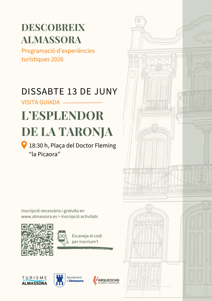 Cartell d'un itinerari guiat a Almassora: 'L’esplendor de la taronja', 13 de juny a les 18:30 a la Plaça del Doctor Fleming, amb lloc i horaris.