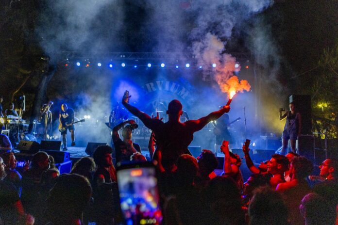 Crowd at a nighttime concert with hands raised, blue stage lights and smoky atmosphere.