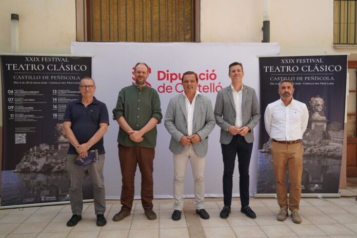 Five men pose for a photo in front of banners advertising the XXIX Festival Teatro Clásico and Diputació de Castelló.