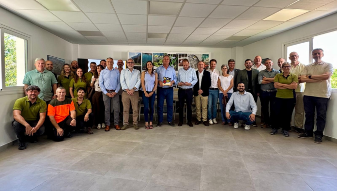 Large group of colleagues posing for a group photo in a bright conference room with windows and wall art behind them.