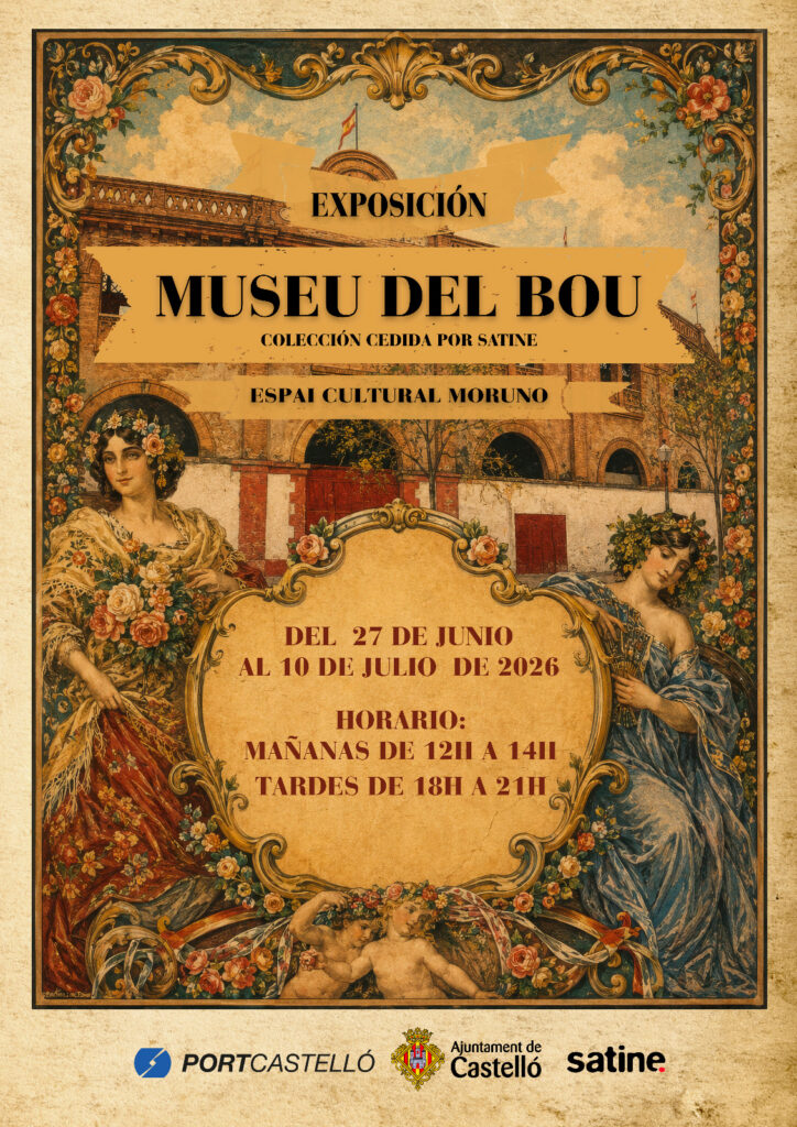 Vintage poster advertising 'EXPOSICIÓ MÚSEU DEL BOU' at Espai Cultural Moruno, June 27–July 10, 2026, with hours 12–14 and 18–21; includes sponsors' logos at bottom.