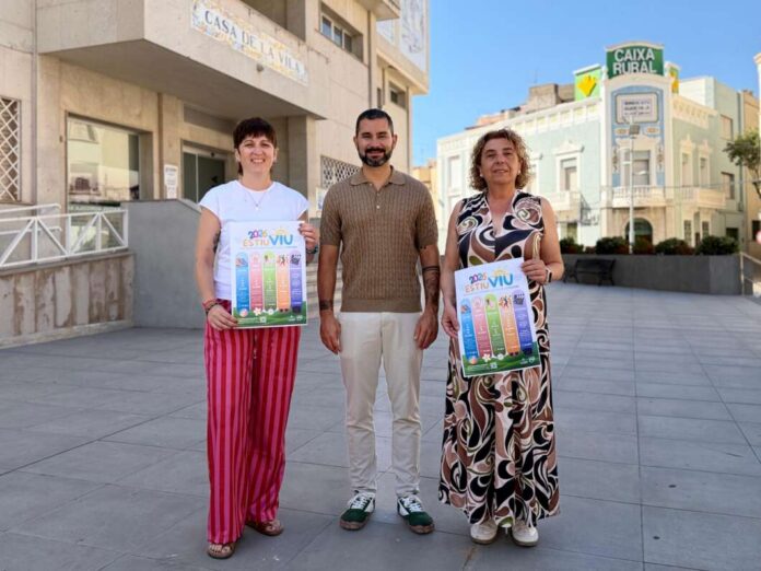 Three adults stand on a sunny urban square, each holding a colorful poster promoting a summer event or program.