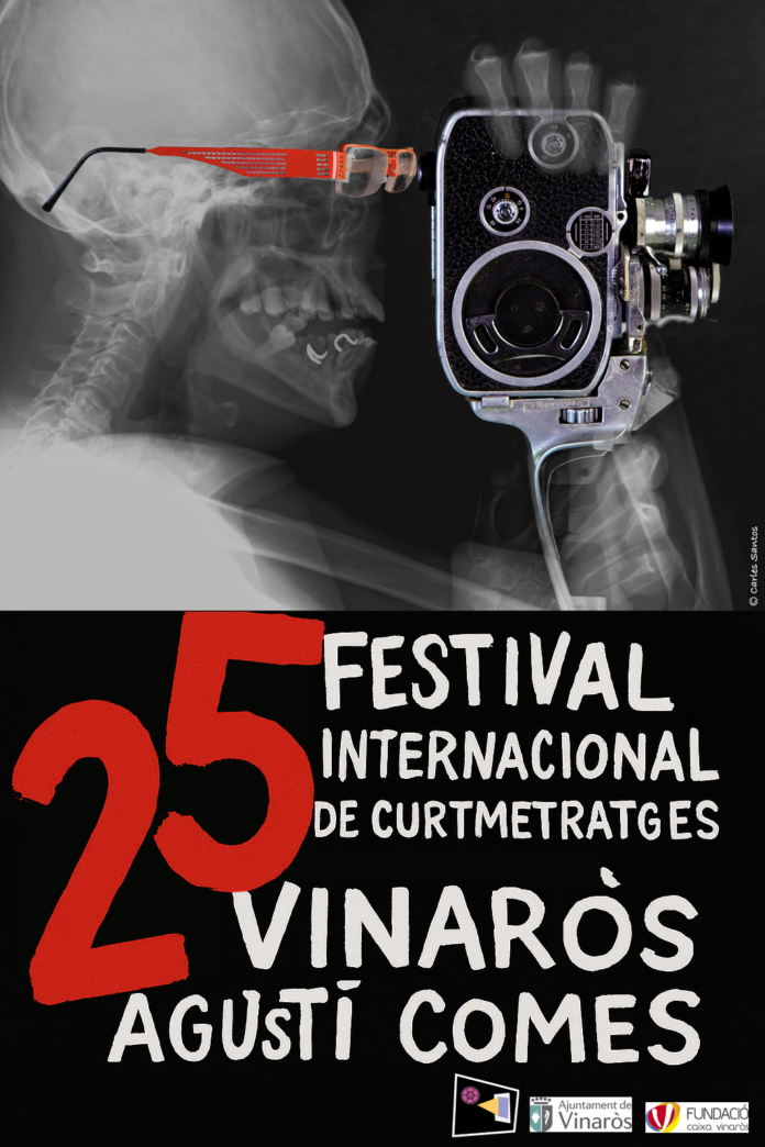 X-ray profile of a skull facing a vintage film camera, with a bold festival poster below celebrating the 25th Vinaròs festival.