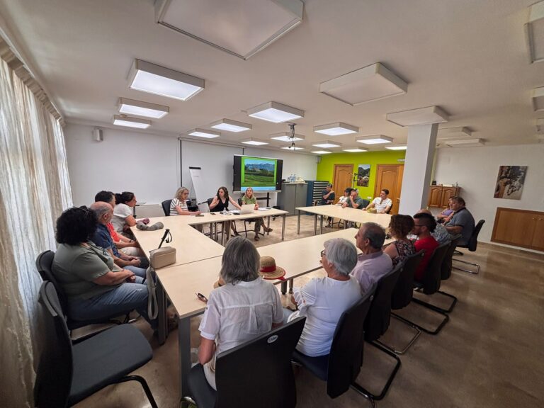 People seated around long rectangular tables in a conference room, watching a presenter on a screen at the front of the room.