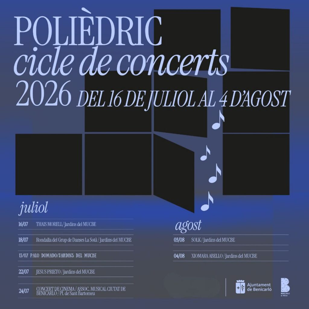 Poster for 2026 Polièdric cycle of concerts, July–August, listing dates/venues and city logos.